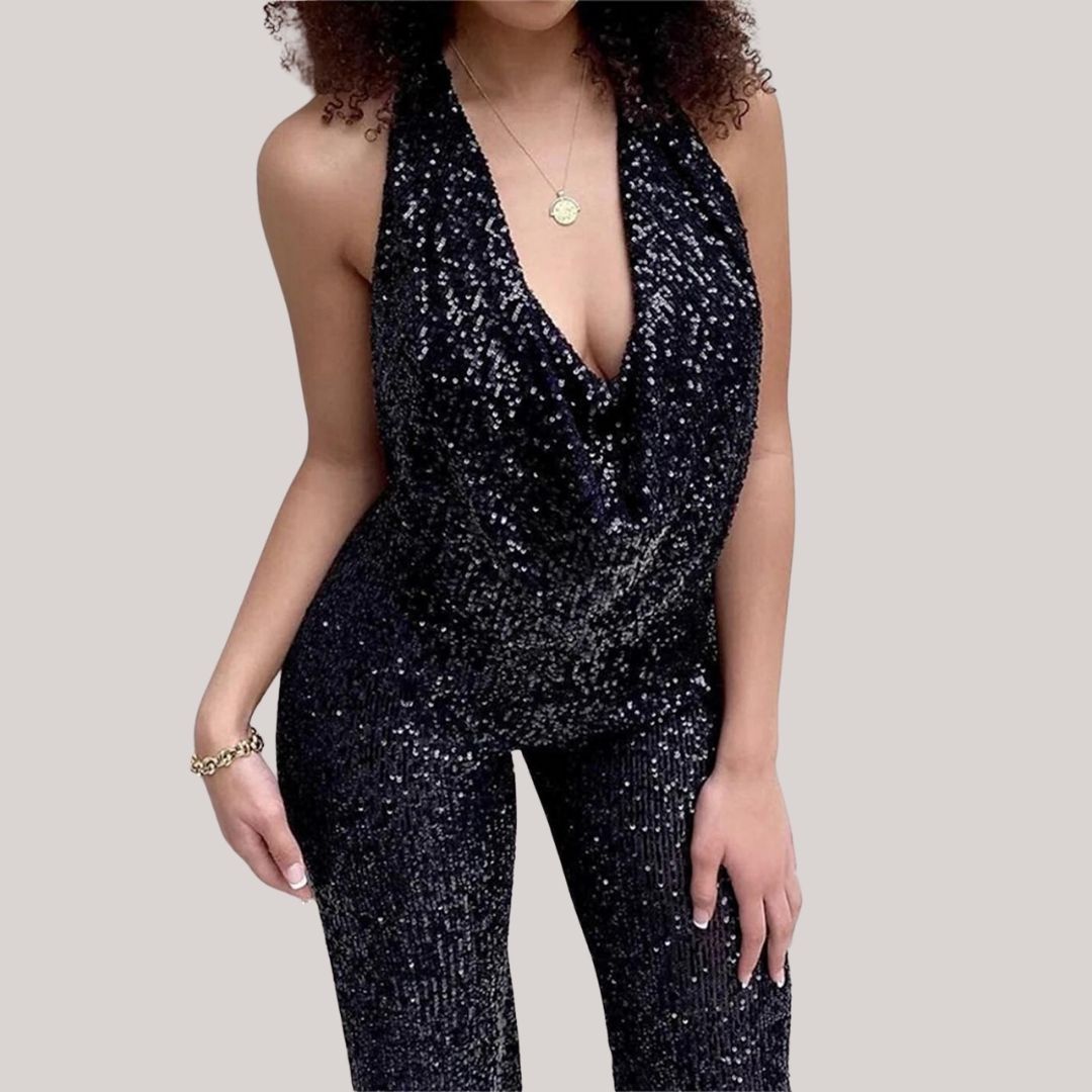 Sequin Jumpsuit | Deep Cowl Neck | Glamorous & Shimmering