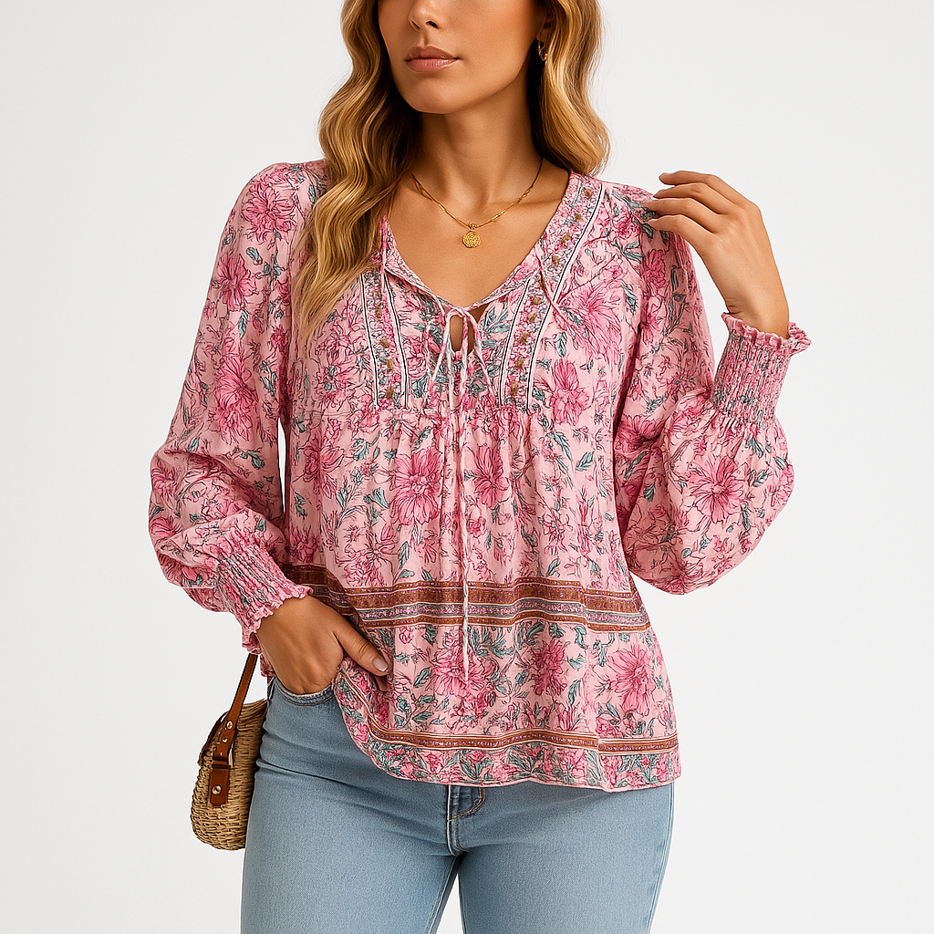 Boho Floral Peasant Blouse | Lace-Up Neckline | Lightweight and Flowy