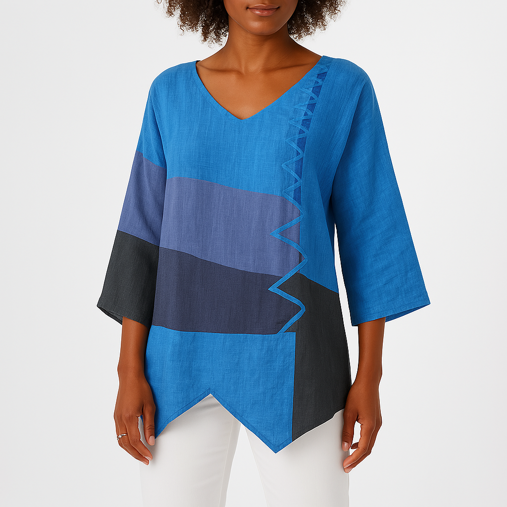 Color Block V-Neck Blouse | Cotton | Lightweight and Relaxed