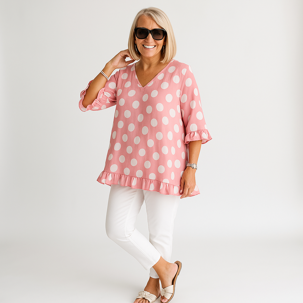Polka Dot Ruffle Blouse | Cotton-Linen Blend | Breezy and Playful