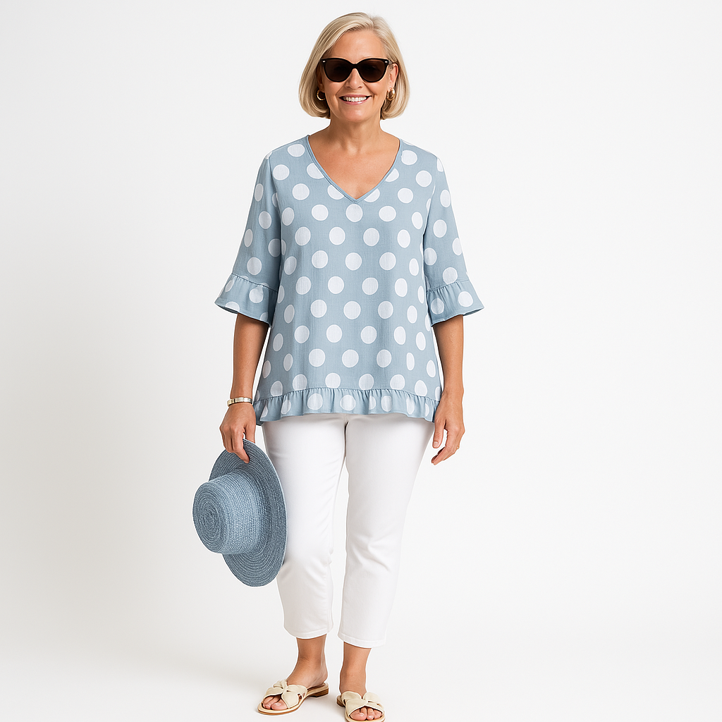 Polka Dot Ruffle Blouse | Cotton-Linen Blend | Breezy and Playful