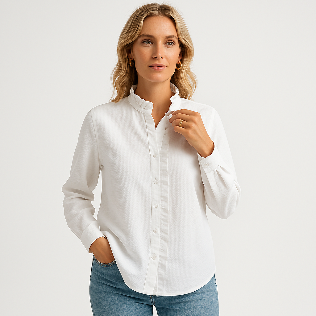 Ruffled Button-Up Blouse | Textured Cotton Blend | Sophisticated Style