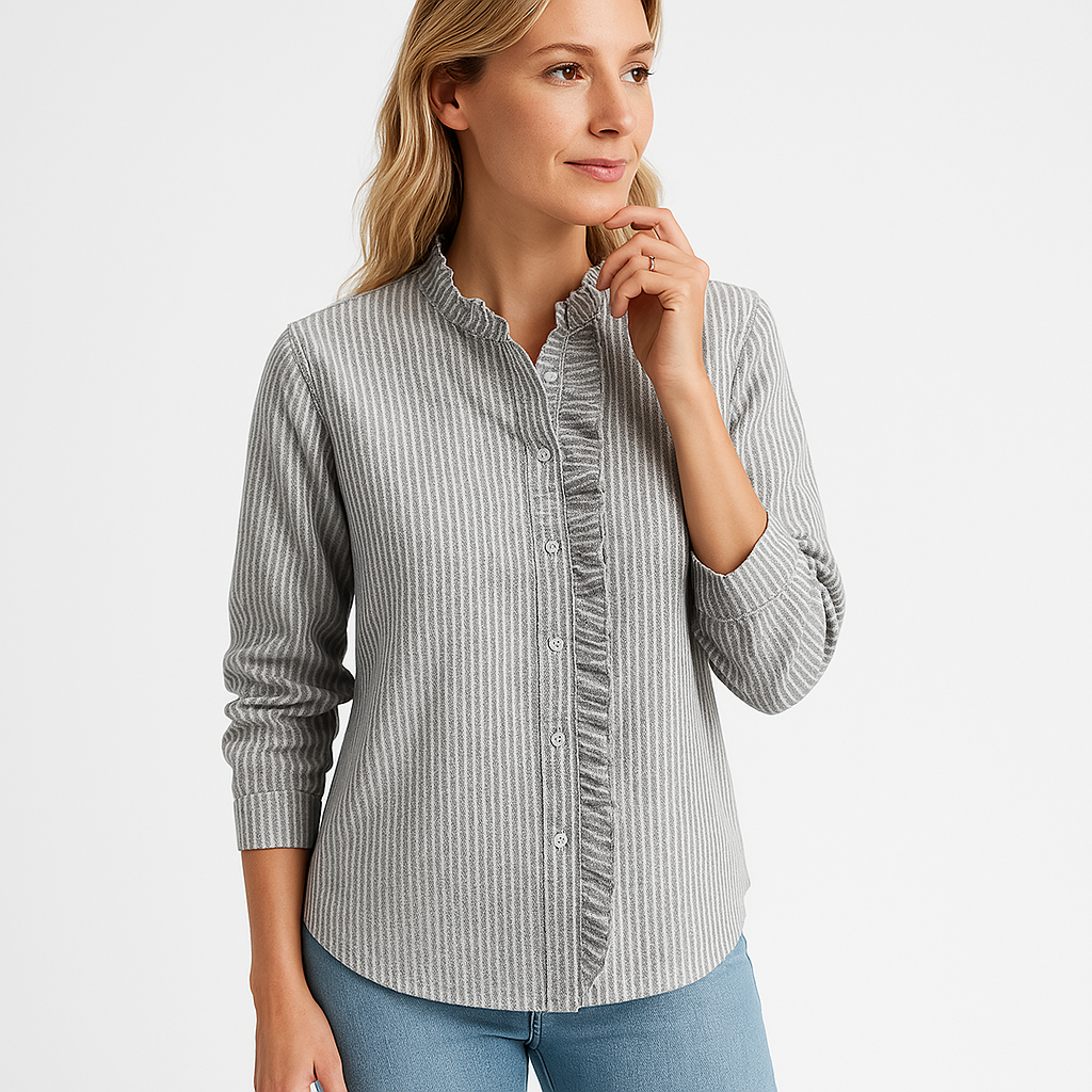 Ruffled Button-Up Blouse | Textured Cotton Blend | Sophisticated Style