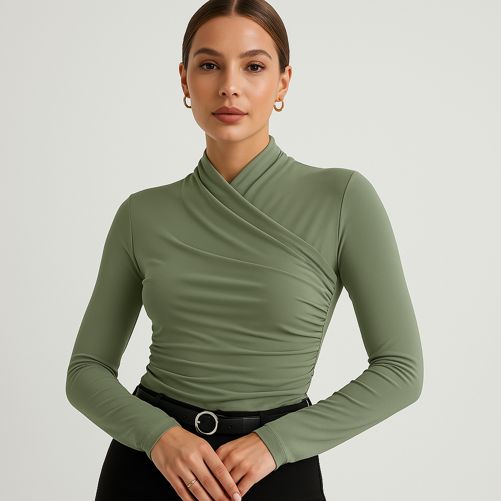 Wrap-Style Ruched Blouse | Stretch Fabric | Slim and Elegant
