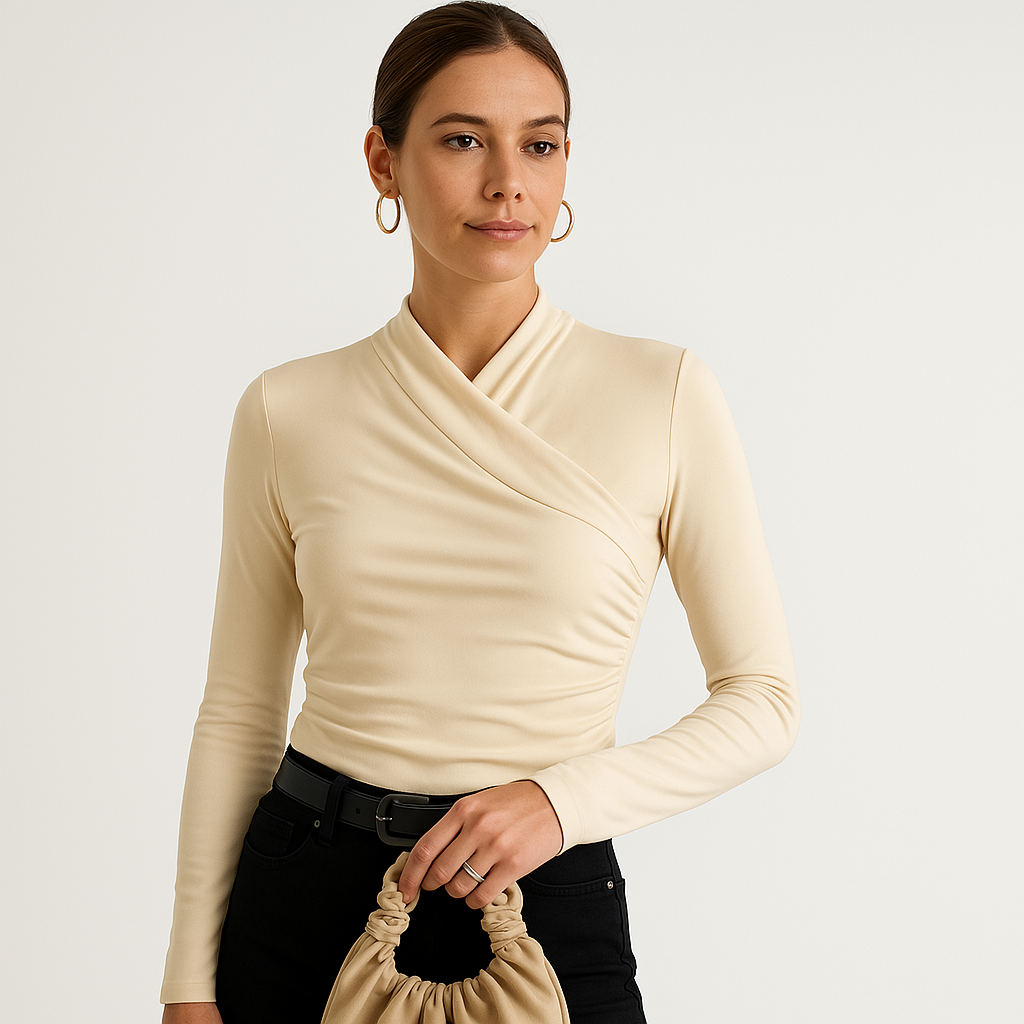 Wrap-Style Ruched Blouse | Stretch Fabric | Slim and Elegant