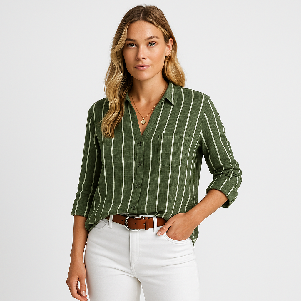 Striped Button-Down Blouse | Cotton-Polyester Blend | Casual and Lightweight