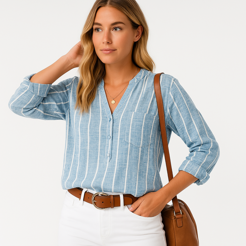 Striped Button-Down Blouse | Cotton-Polyester Blend | Casual and Lightweight