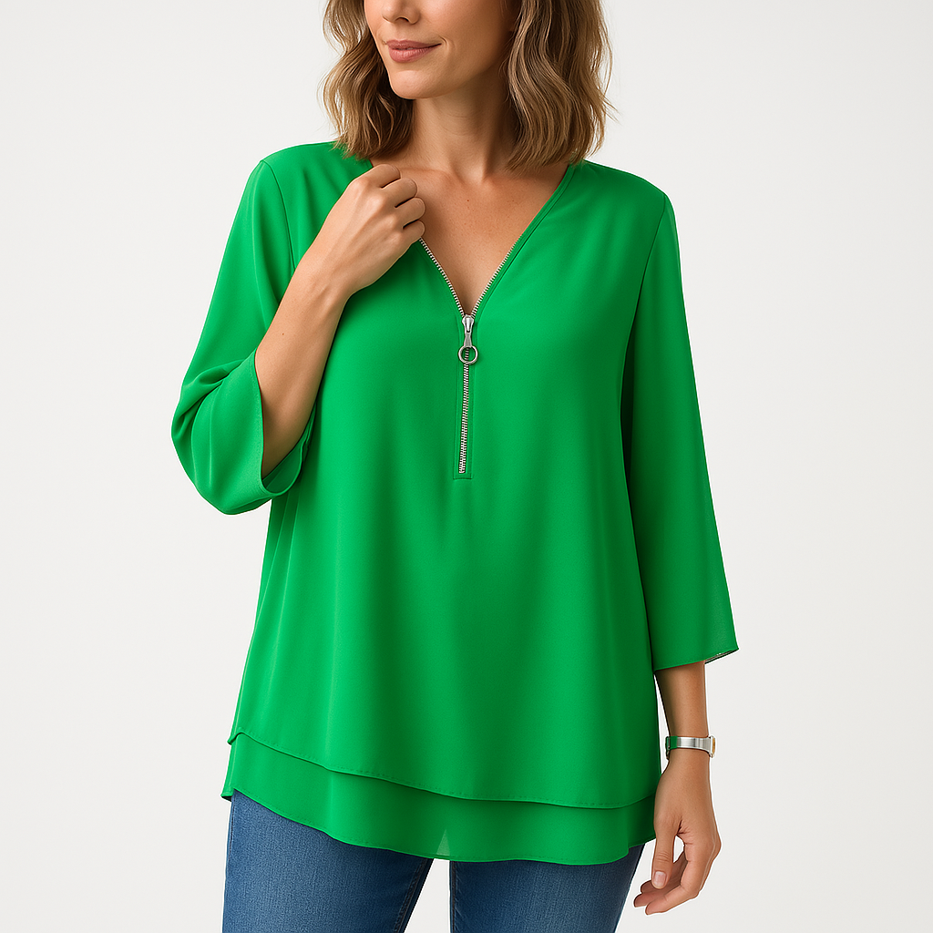Zip-Front V-Neck Blouse | Polyester-Cotton Blend | Lightweight and Stylish