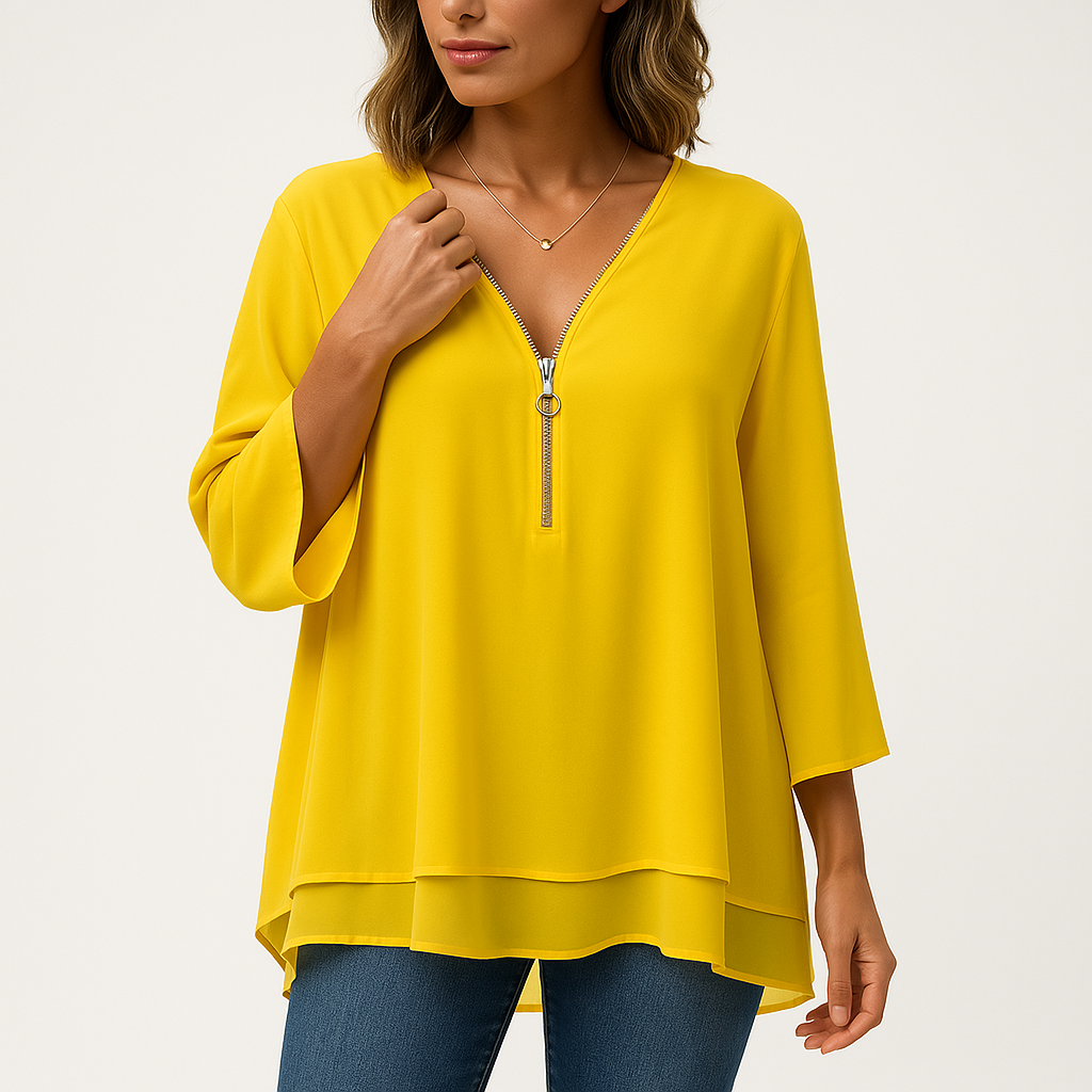Zip-Front V-Neck Blouse | Polyester-Cotton Blend | Lightweight and Stylish