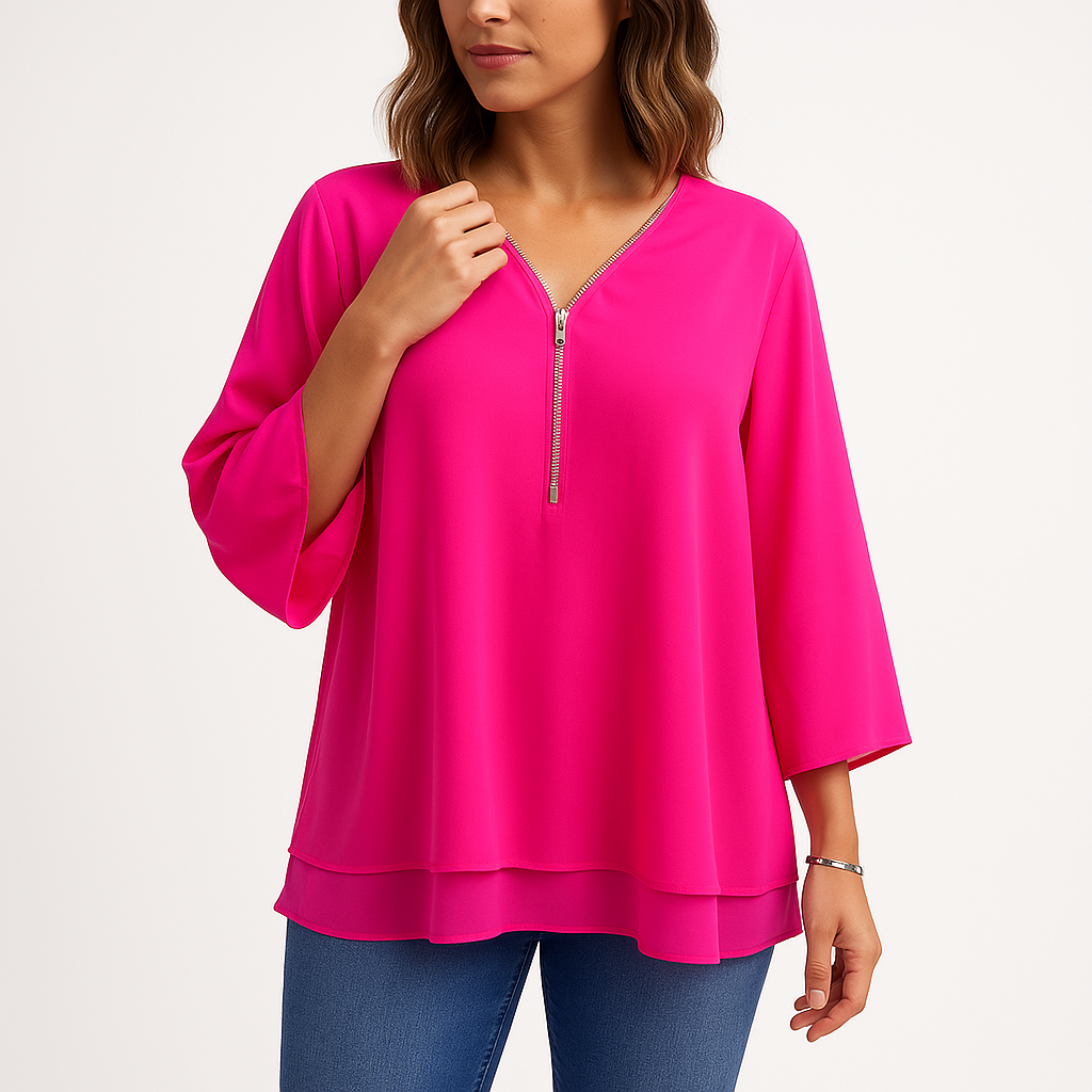 Zip-Front V-Neck Blouse | Polyester-Cotton Blend | Lightweight and Stylish