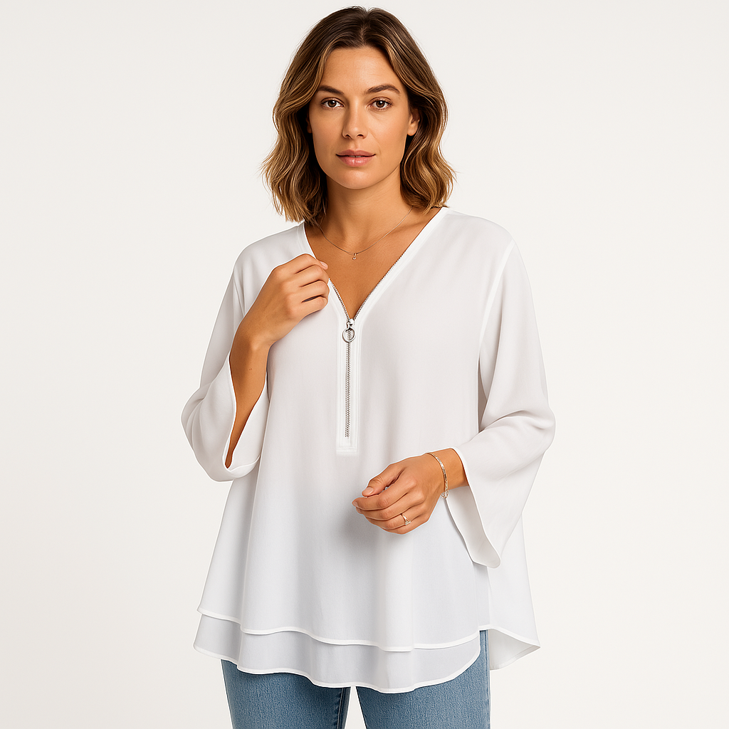 Zip-Front V-Neck Blouse | Polyester-Cotton Blend | Lightweight and Stylish