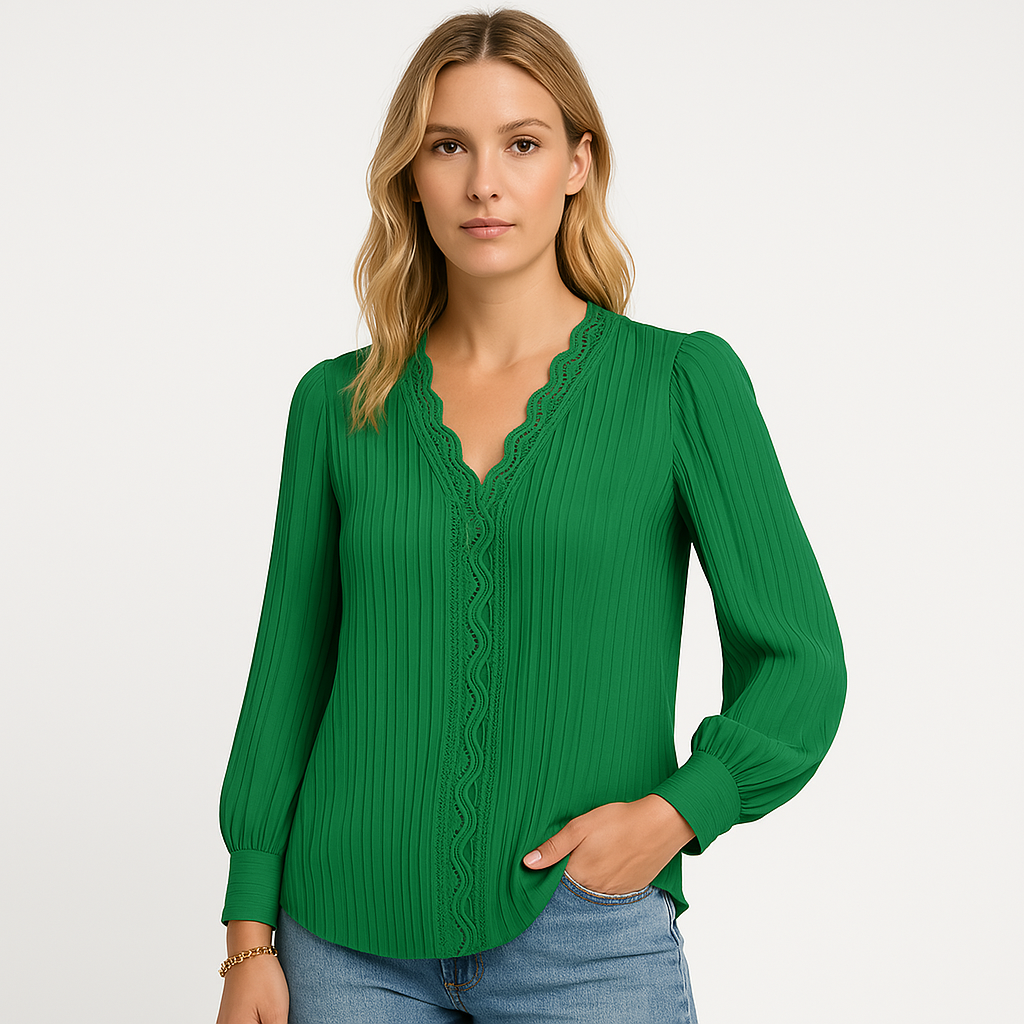 Pleated Lace Trim Blouse | Polyester-Cotton Blend | Elegant and Feminine