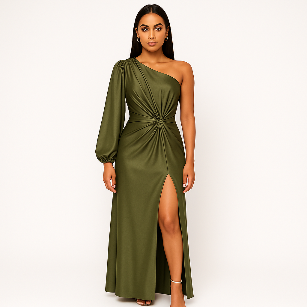 Satin Evening Gown | Teal One-Shoulder | Elegant and Sophisticated