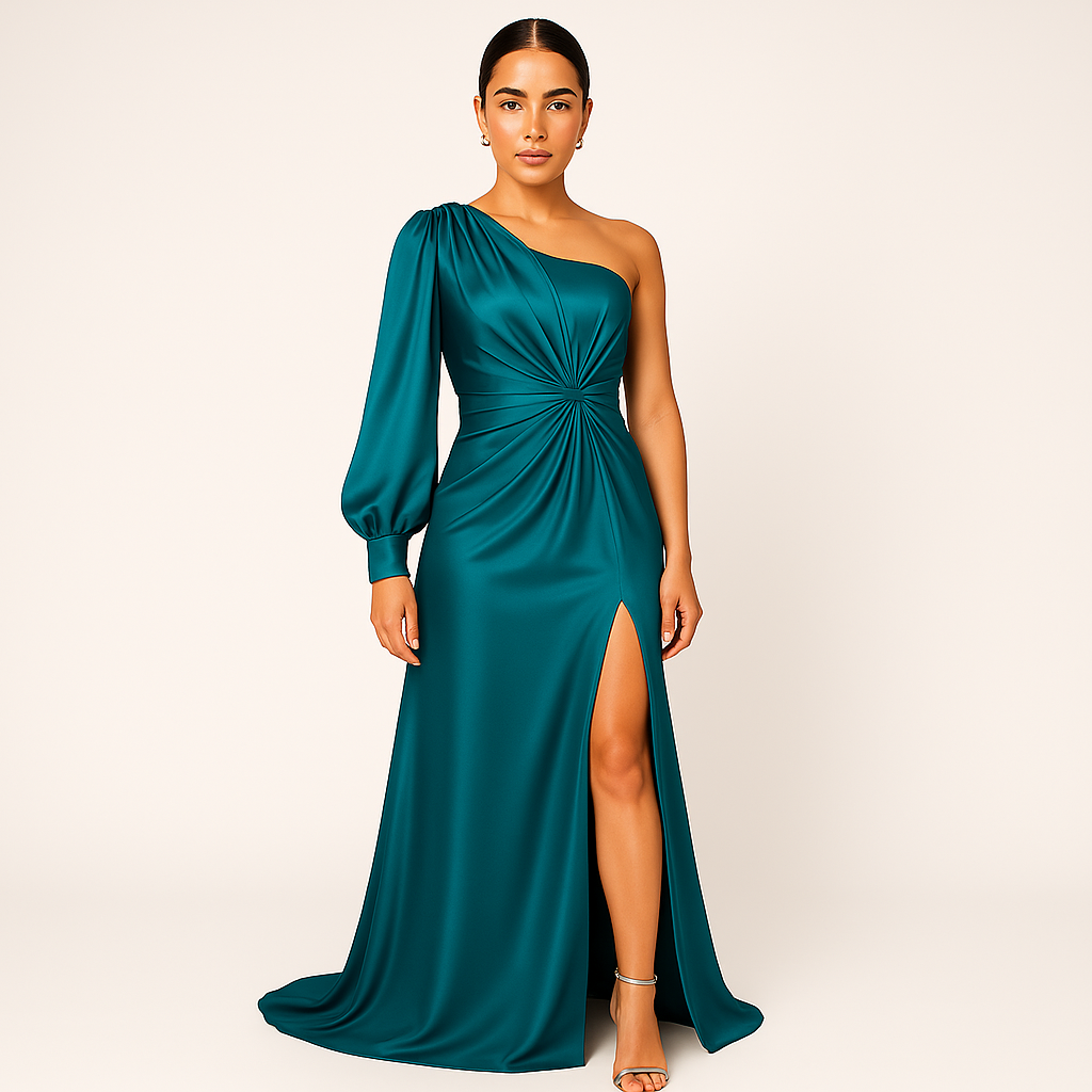 Satin Evening Gown | Teal One-Shoulder | Elegant and Sophisticated