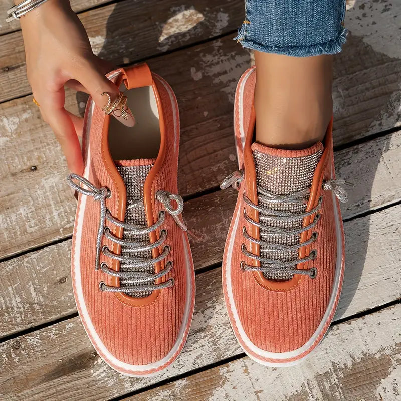 Coral Rhinestone Corduroy Sneakers | Sparkling and Stylish | Comfortable Fit