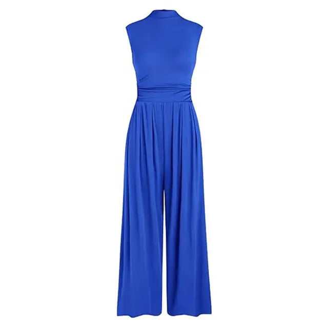 High Neck Wide-Leg Jumpsuit | Royal Blue Polyester | Elegant and Versatile