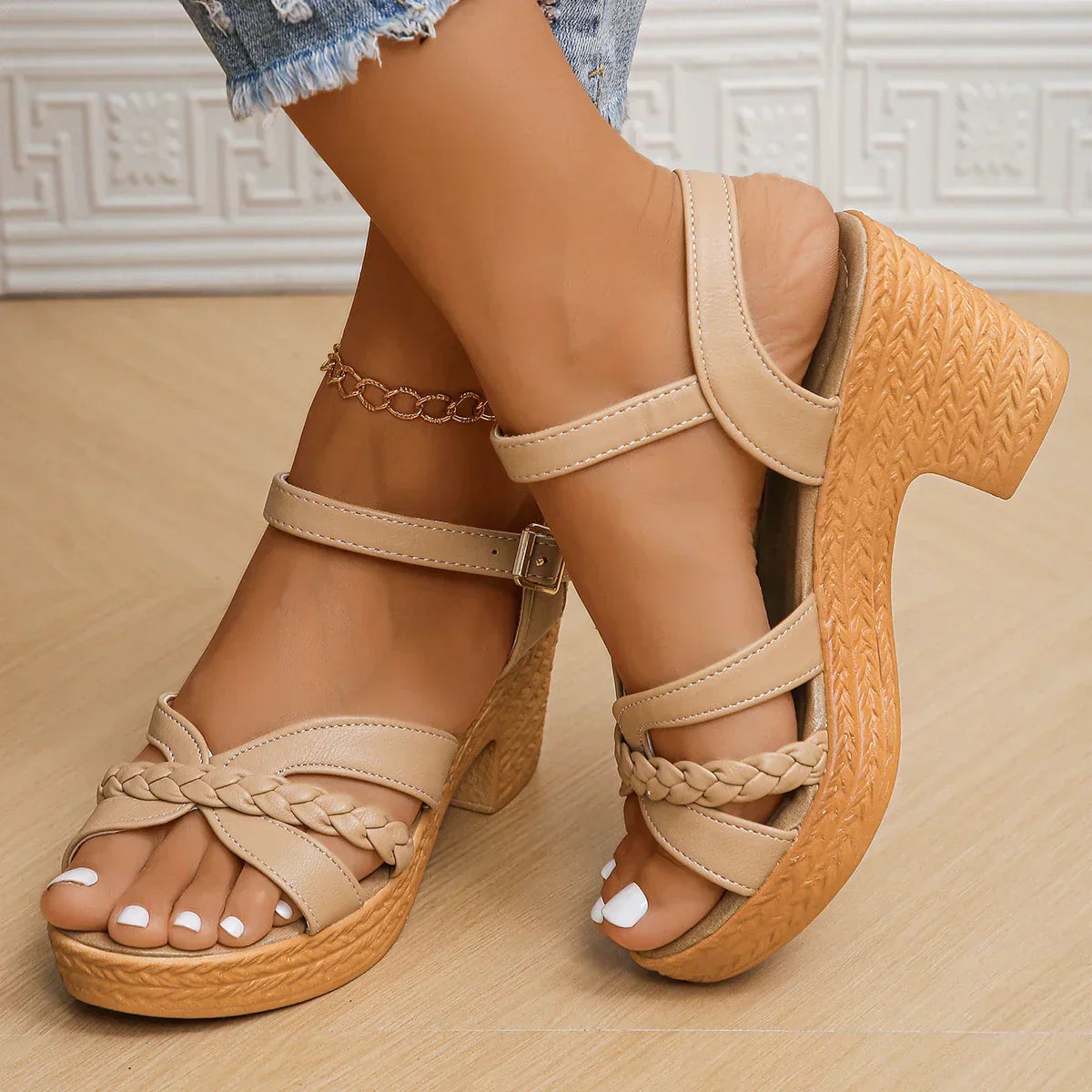 Braided Block Heel Sandals | Elegant & Comfortable | Adjustable Strap