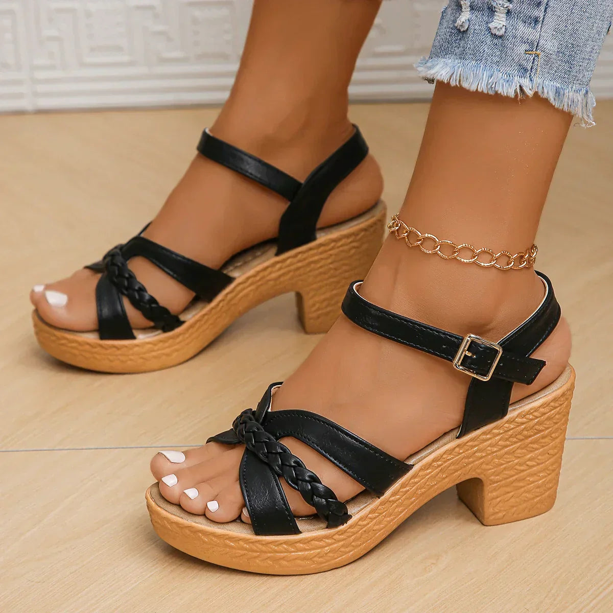 Braided Block Heel Sandals | Elegant & Comfortable | Adjustable Strap
