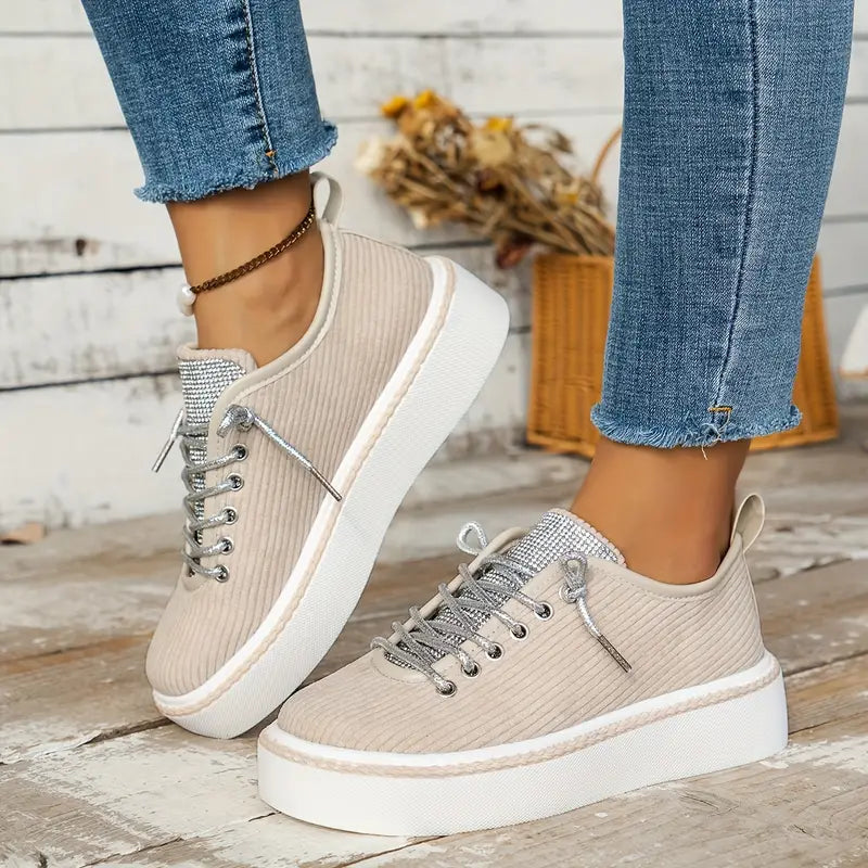 Coral Rhinestone Corduroy Sneakers | Sparkling and Stylish | Comfortable Fit